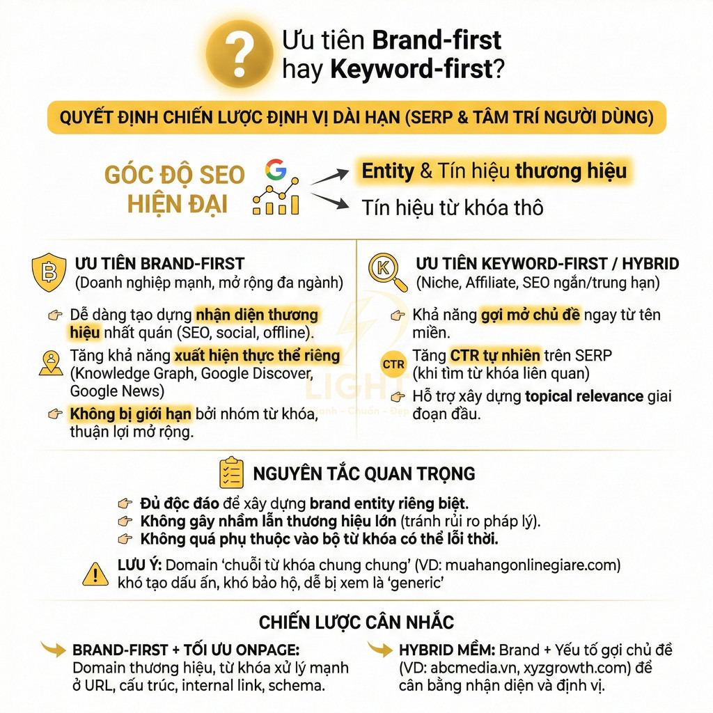 Infographic so sánh chiến lược SEO brand first và keyword first, nêu ưu nhược điểm và gợi ý triển khai cho doanh nghiệp