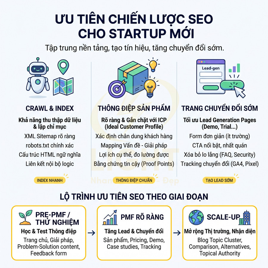 Chiến lược ưu tiên SEO cho startup mới với crawl index, thông điệp sản phẩm và tối ưu trang chuyển đổi sớm