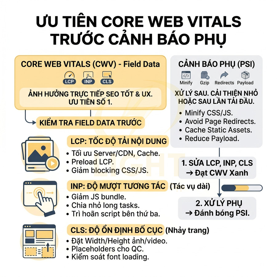 Infographic ưu tiên tối ưu Core Web Vitals LCP INP CLS trước cảnh báo phụ PSI trong SEO và trải nghiệm người dùng