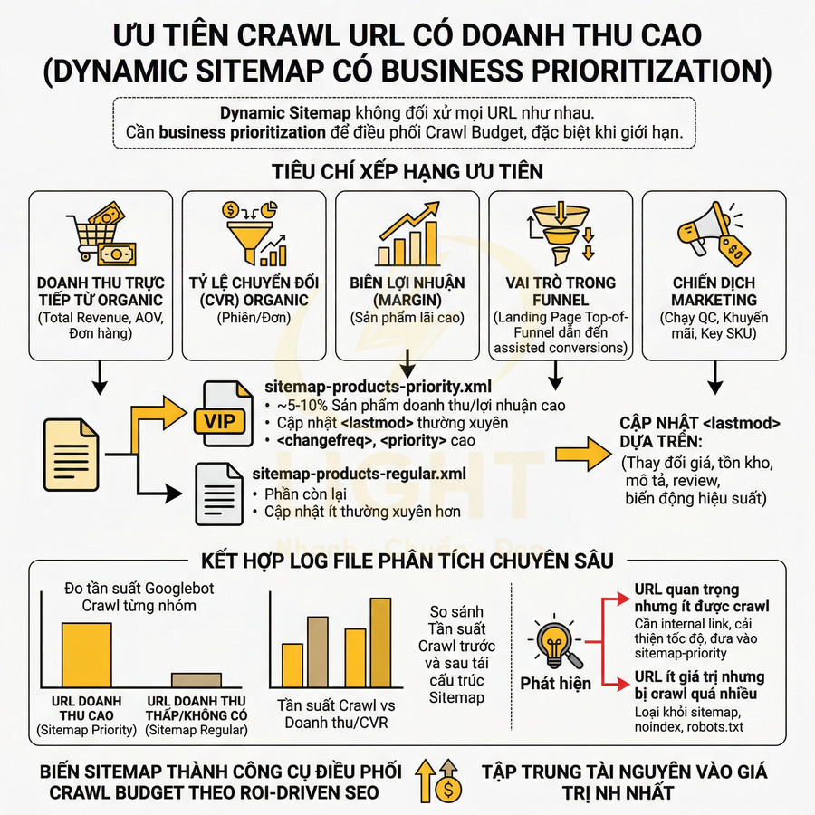 Infographic ưu tiên crawl URL doanh thu cao với dynamic sitemap và tiêu chí xếp hạng sản phẩm SEO