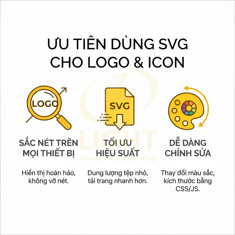 Ưu điểm dùng định dạng SVG cho logo và icon: sắc nét, tối ưu hiệu suất, dễ dàng chỉnh sửa