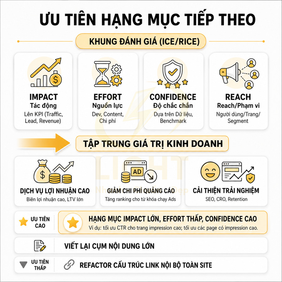 Khung đánh giá ICE RICE ưu tiên hạng mục marketing theo Impact Effort Confidence Reach và giá trị kinh doanh