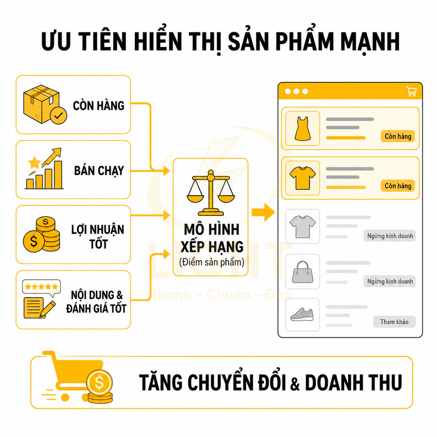 Mô hình xếp hạng ưu tiên hiển thị sản phẩm còn hàng bán chạy lợi nhuận tốt để tăng chuyển đổi và doanh thu