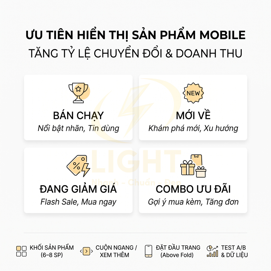 Ưu tiên hiển thị sản phẩm mobile với nhóm bán chạy, mới về, đang giảm giá và combo ưu đãi tăng chuyển đổi