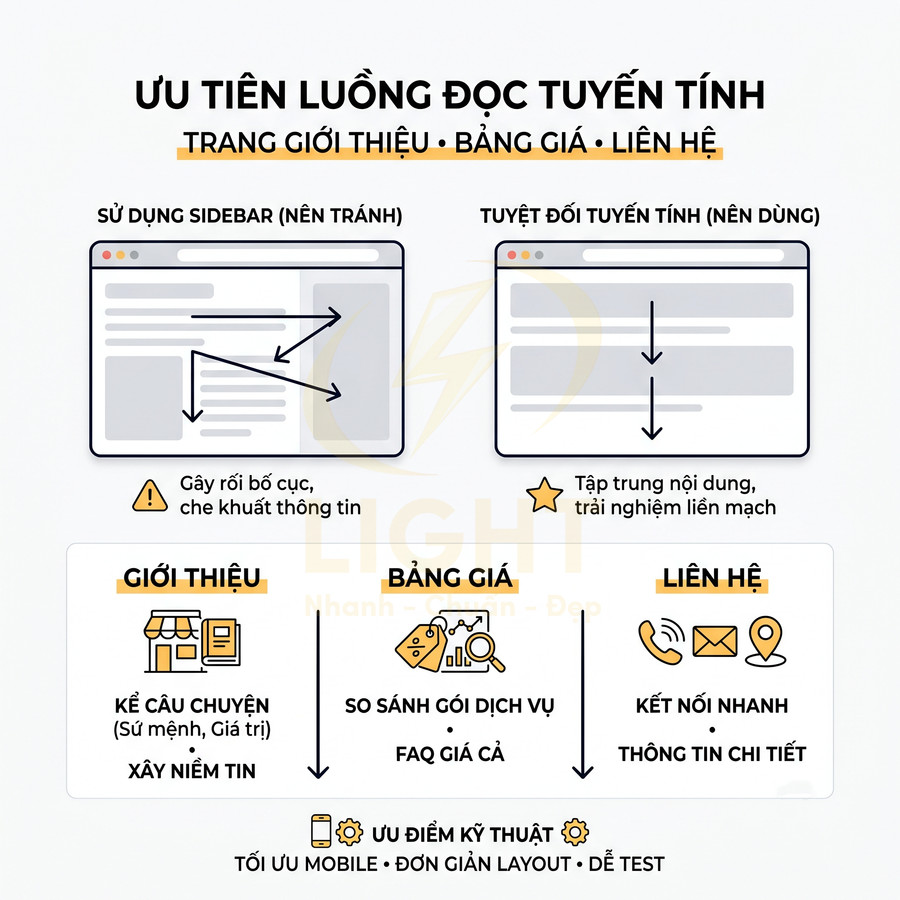 Infographic hướng dẫn thiết kế trang giới thiệu bảng giá liên hệ với luồng đọc tuyến tính không dùng sidebar
