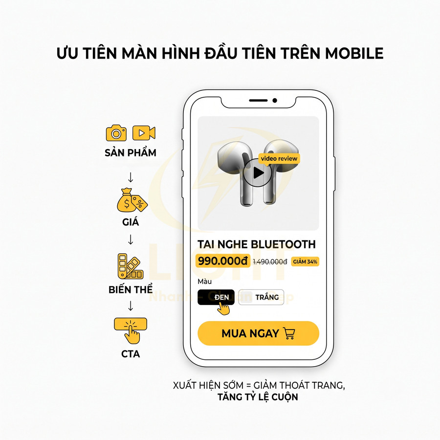 Giao diện mobile bán tai nghe Bluetooth màu đen, hiển thị giá khuyến mãi và nút mua ngay nổi bật
