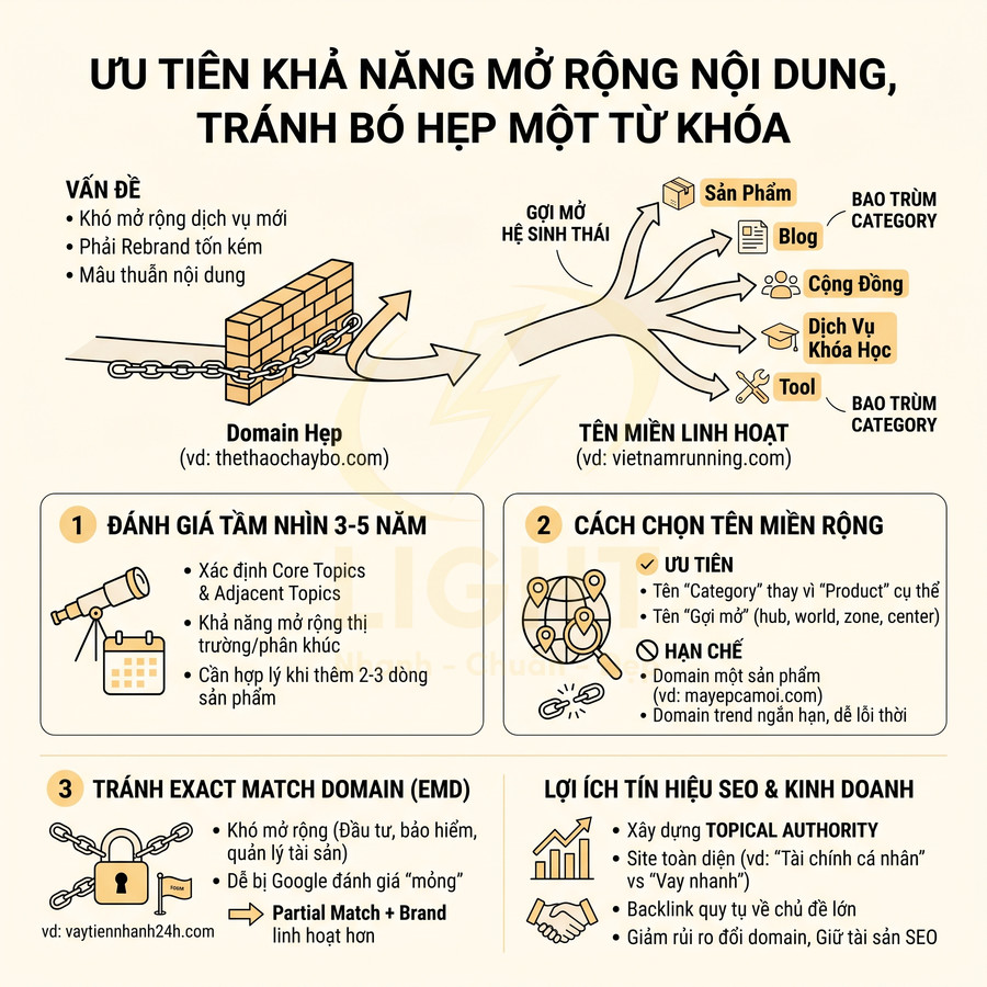 Infographic hướng dẫn chọn tên miền linh hoạt, tránh domain bó hẹp từ khóa để mở rộng nội dung và tối ưu SEO