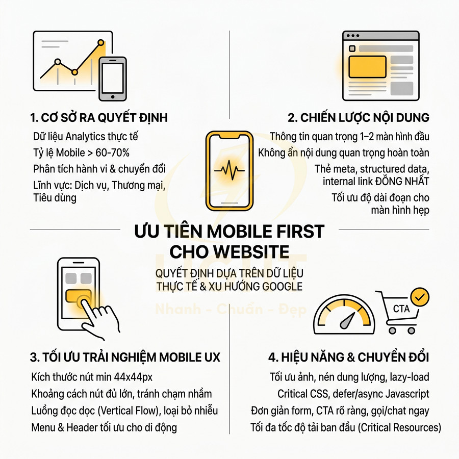 Infographic hướng dẫn tối ưu website theo chiến lược mobile first, tập trung UX, nội dung, hiệu năng và chuyển đổi trên di động