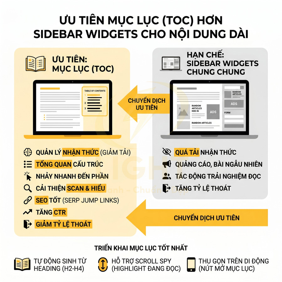 Infographic so sánh ưu tiên mục lục TOC với sidebar widgets cho bài viết nội dung dài trên website