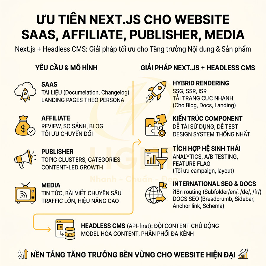 Infographic giới thiệu lợi ích Next.js kết hợp Headless CMS cho website SaaS, affiliate, publisher và media