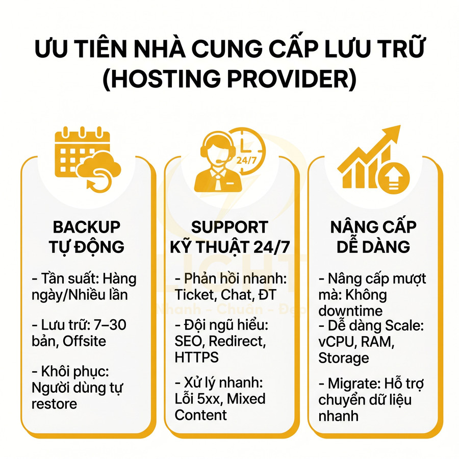 Ưu điểm nhà cung cấp hosting với backup tự động, hỗ trợ kỹ thuật 24/7 và nâng cấp tài nguyên dễ dàng