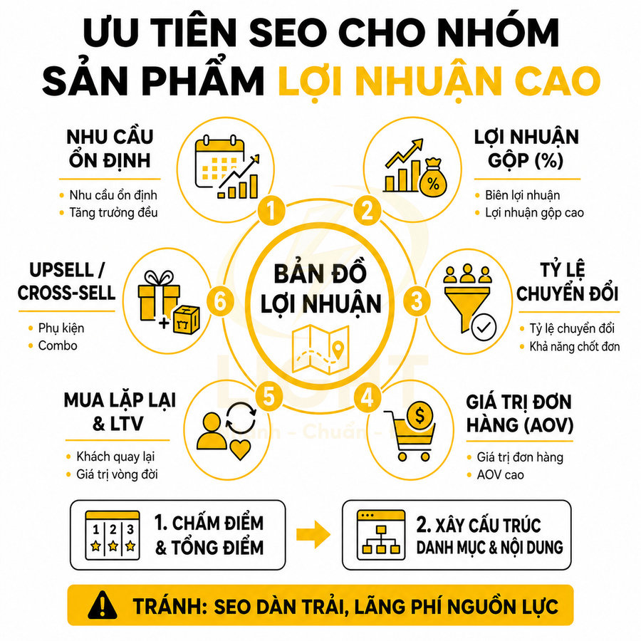 Infographic ưu tiên SEO cho nhóm sản phẩm lợi nhuận cao với bản đồ lợi nhuận và các tiêu chí đánh giá