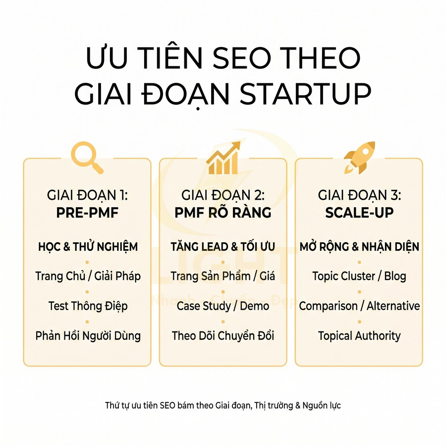 Ưu tiên SEO theo ba giai đoạn startup từ pre PMF đến scale up với các hạng mục tối ưu nội dung