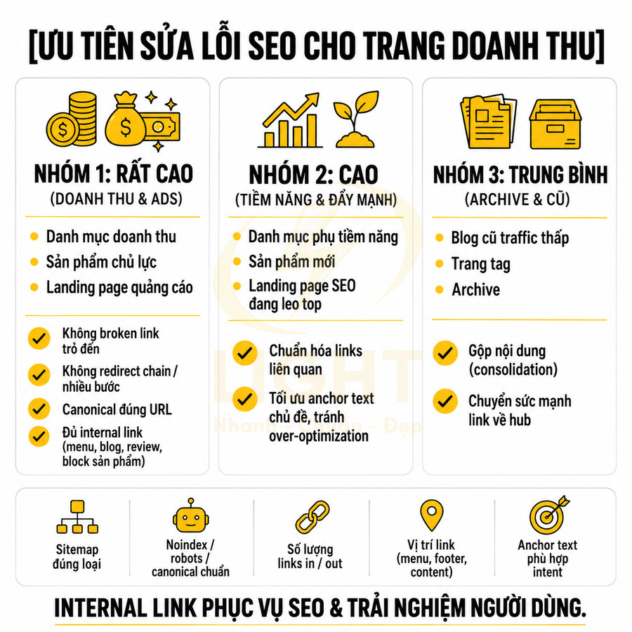 Infographic ưu tiên sửa lỗi SEO cho trang doanh thu và tối ưu internal link phục vụ trải nghiệm người dùng