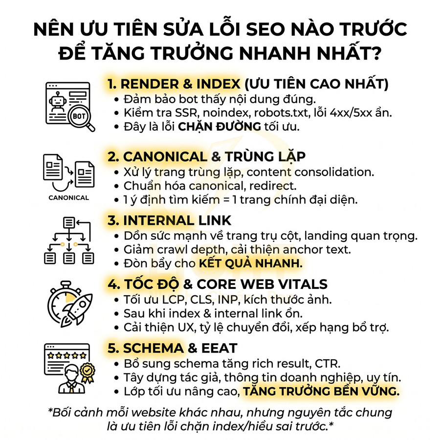 Checklist ưu tiên sửa lỗi SEO: render index, canonical trùng lặp, internal link, tốc độ Core Web Vitals, schema EEAT