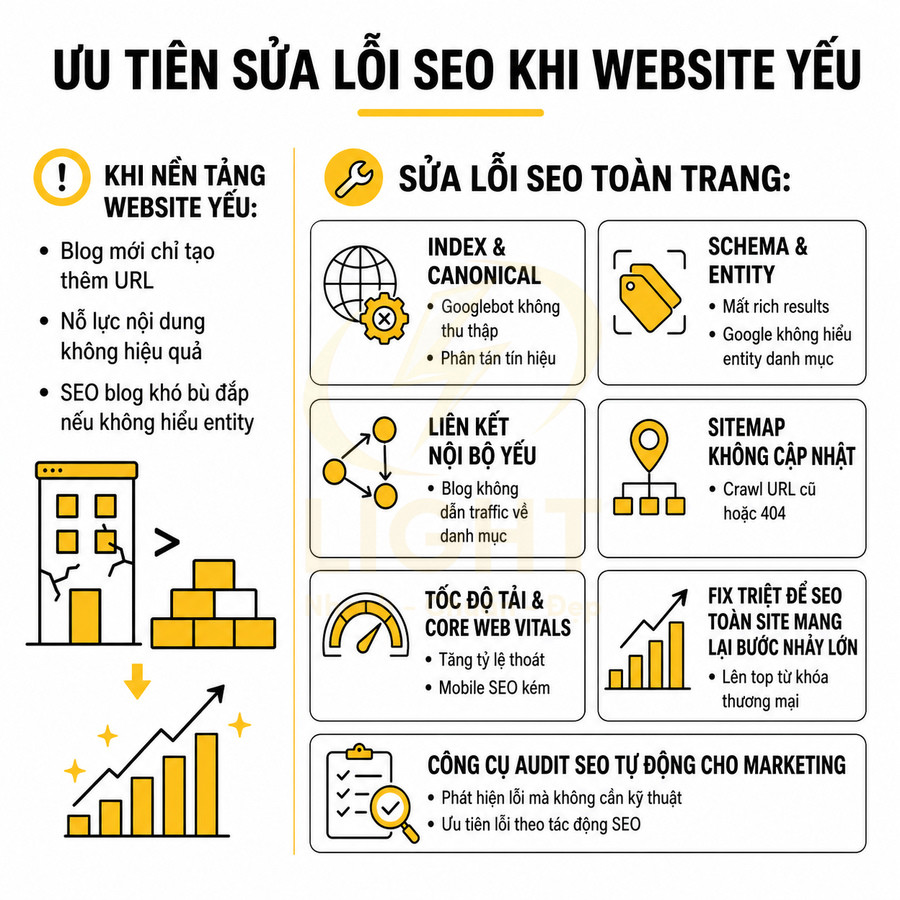 Infographic ưu tiên sửa lỗi SEO khi website yếu với các bước tối ưu index, schema, internal link và tốc độ tải trang