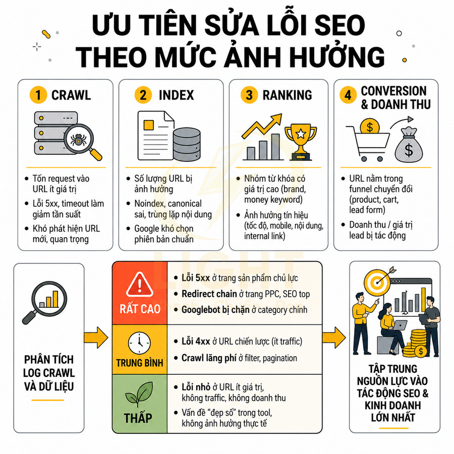 Ưu tiên sửa lỗi SEO theo mức ảnh hưởng để tối ưu crawl index ranking và chuyển đổi doanh thu