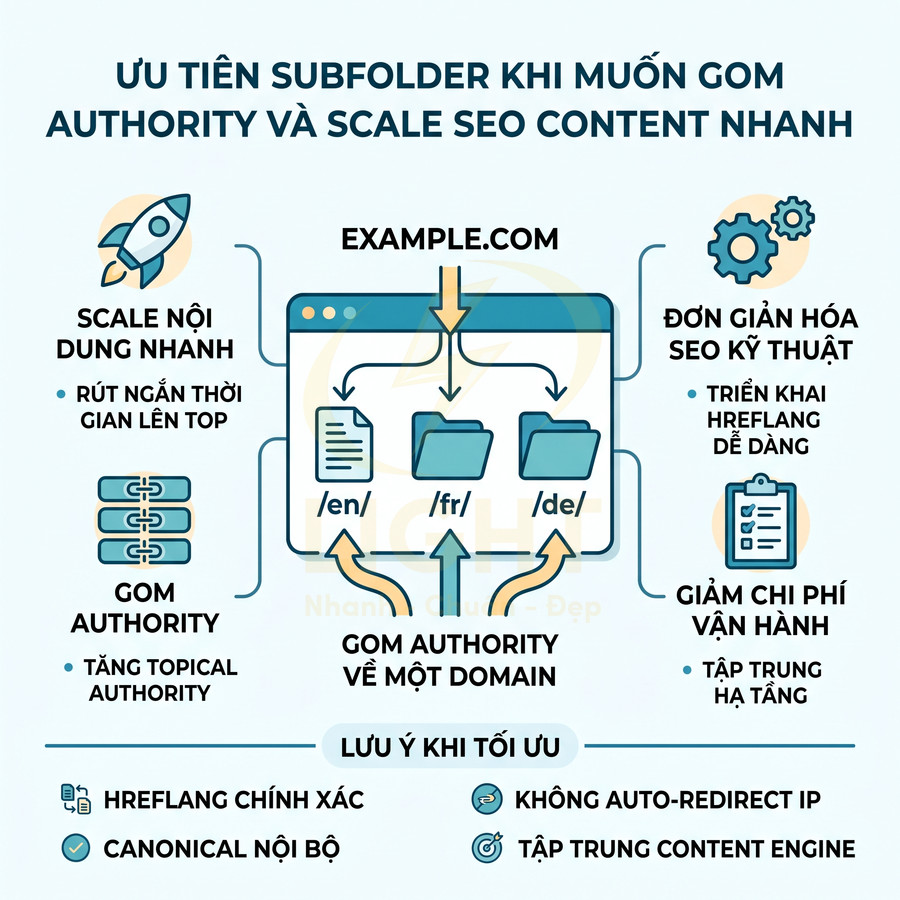 Ưu điểm dùng subfolder để gom authority và scale SEO content nhanh cho website đa ngôn ngữ