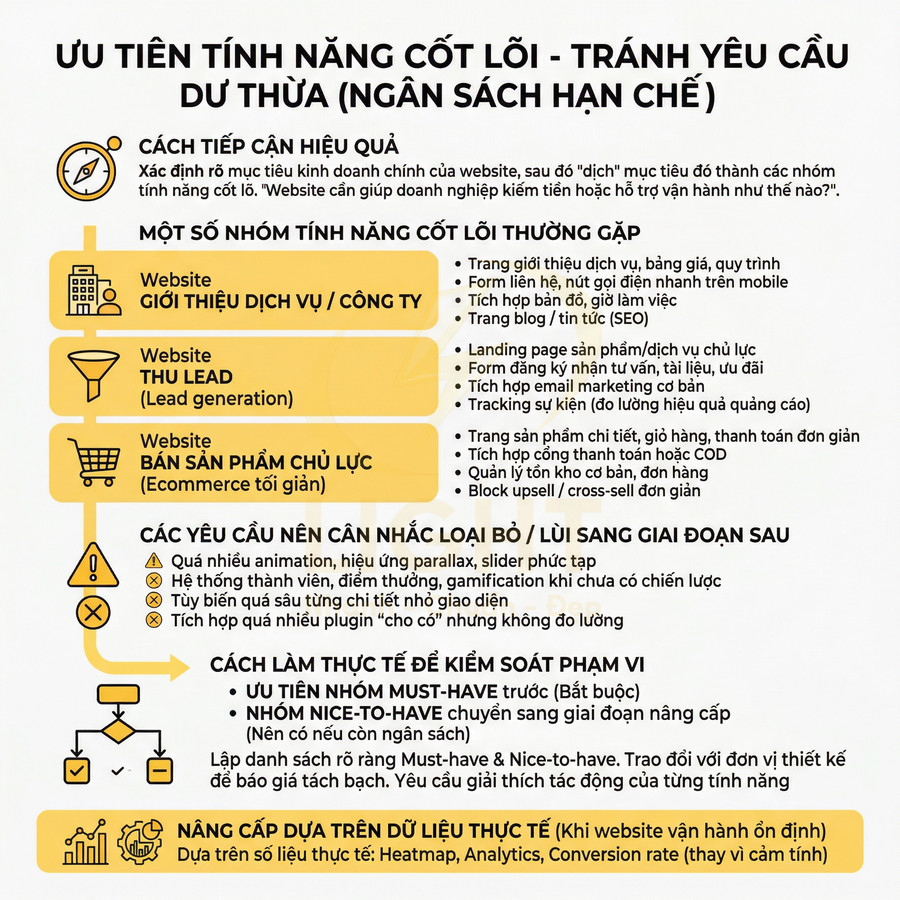 Infographic ưu tiên tính năng cốt lõi cho website giới thiệu dịch vụ, thu lead và bán hàng, tối ưu chi phí và chuyển đổi