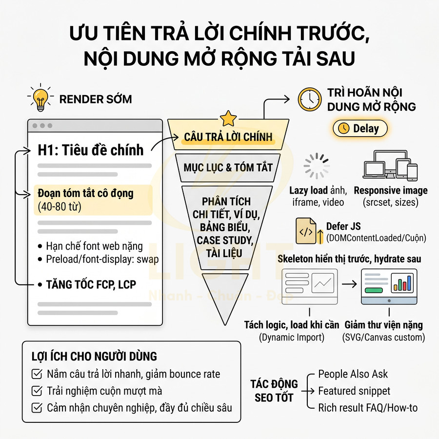 Infographic tối ưu nội dung web ưu tiên trả lời chính, trì hoãn nội dung mở rộng để tăng tốc độ tải và cải thiện SEO