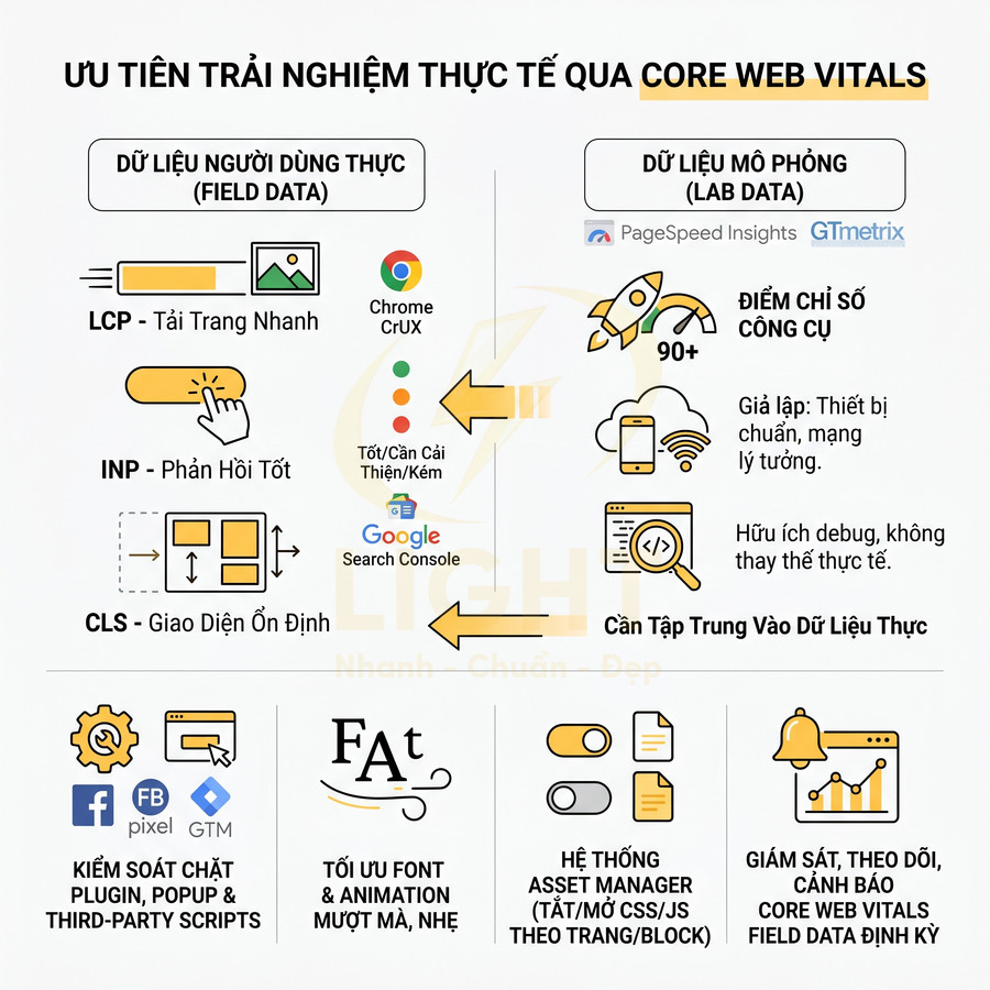Infographic hướng dẫn tối ưu Core Web Vitals với dữ liệu thực, công cụ Google và mẹo kiểm soát plugin, font, asset, cảnh báo định kỳ
