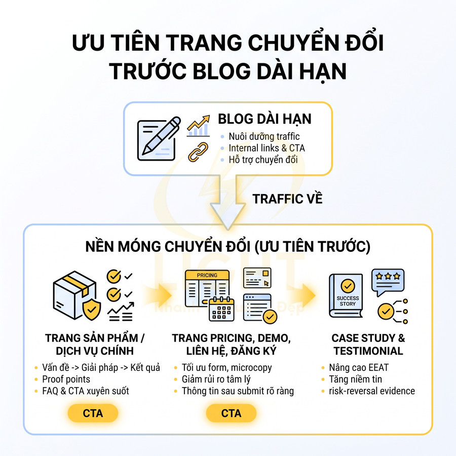 Sơ đồ ưu tiên xây dựng trang chuyển đổi sản phẩm dịch vụ trước blog dài hạn để tối ưu traffic và tỉ lệ chuyển đổi