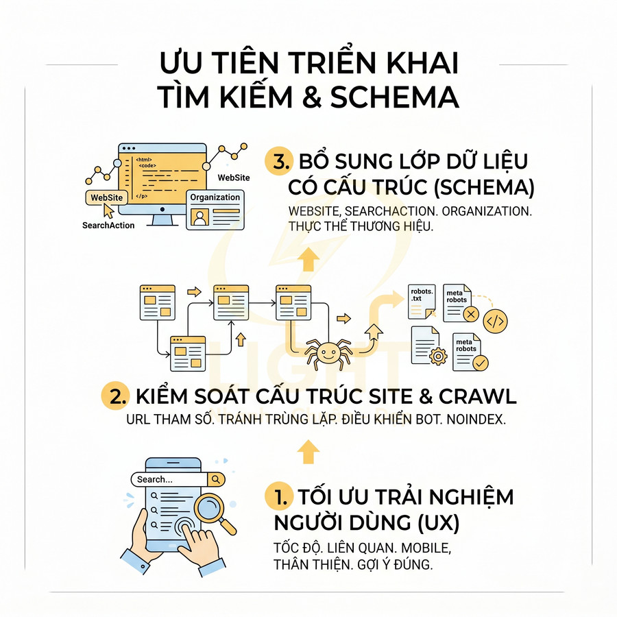 Infographic ưu tiên triển khai tìm kiếm và schema với tối ưu UX, kiểm soát cấu trúc site và bổ sung dữ liệu có cấu trúc