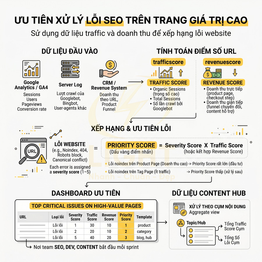 Infographic quy trình ưu tiên xử lý lỗi SEO trên trang giá trị cao bằng dữ liệu traffic và doanh thu