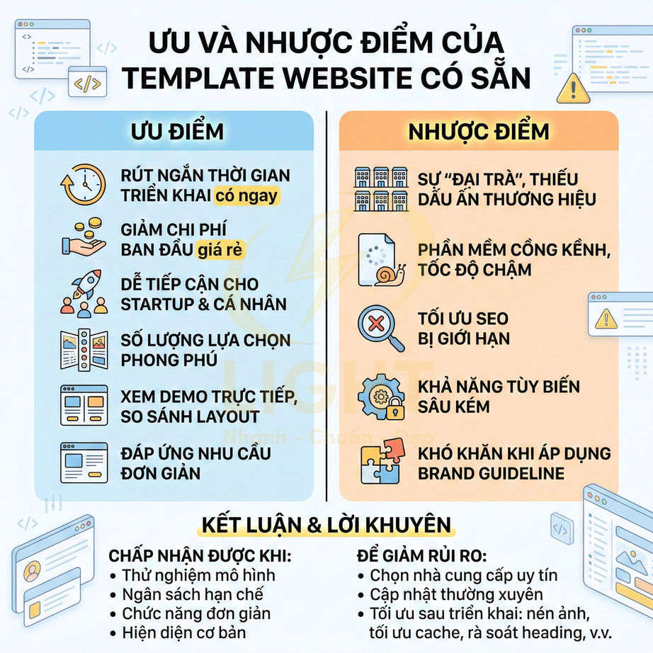 Ưu và nhược điểm của template website có sẵn, gợi ý khi nên dùng và cách giảm rủi ro khi triển khai