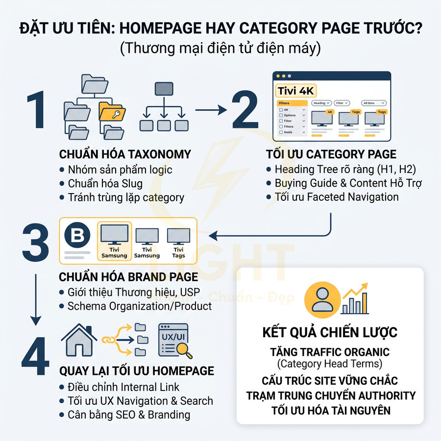 Infographic quy trình tối ưu SEO cho website thương mại điện tử điện máy từ taxonomy, category, brand page đến homepage