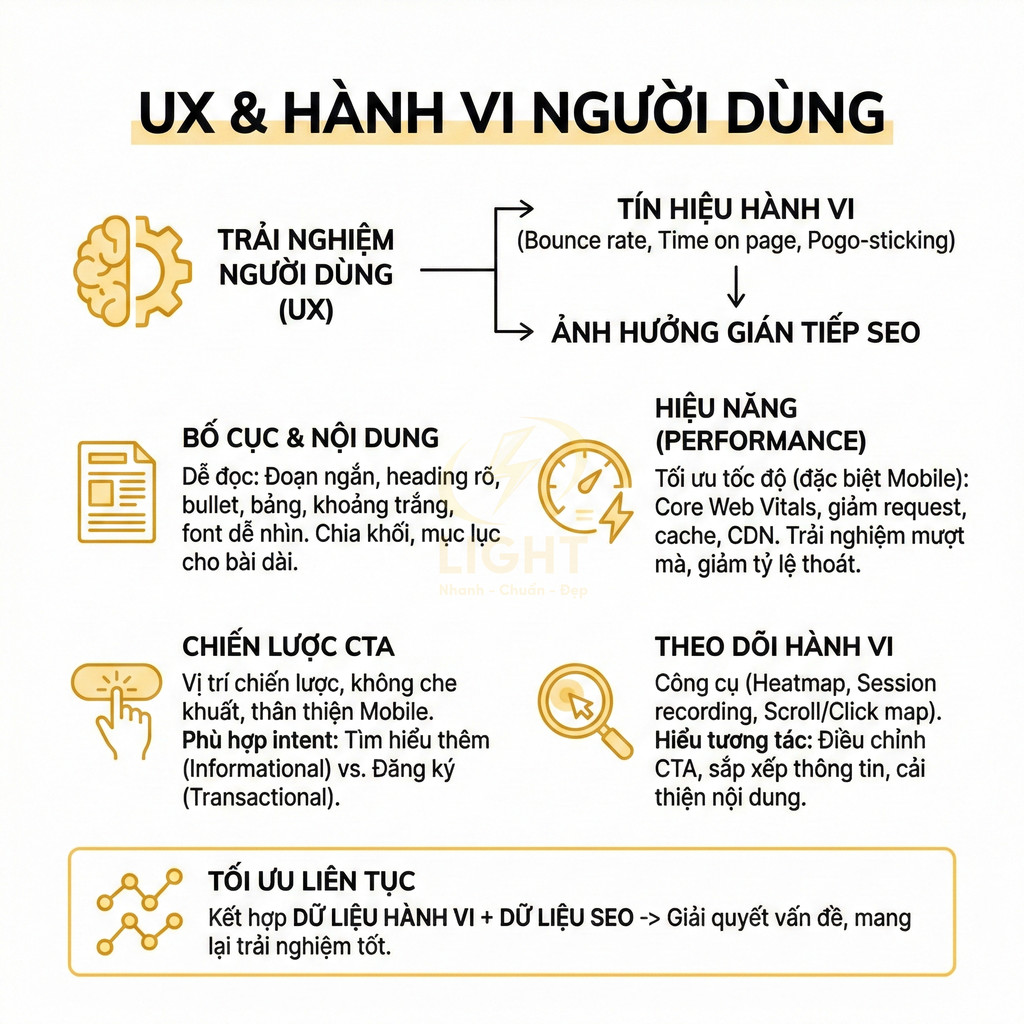 Infographic UX và hành vi người dùng ảnh hưởng SEO với các yếu tố bố cục nội dung, hiệu năng, CTA, theo dõi và tối ưu liên tục
