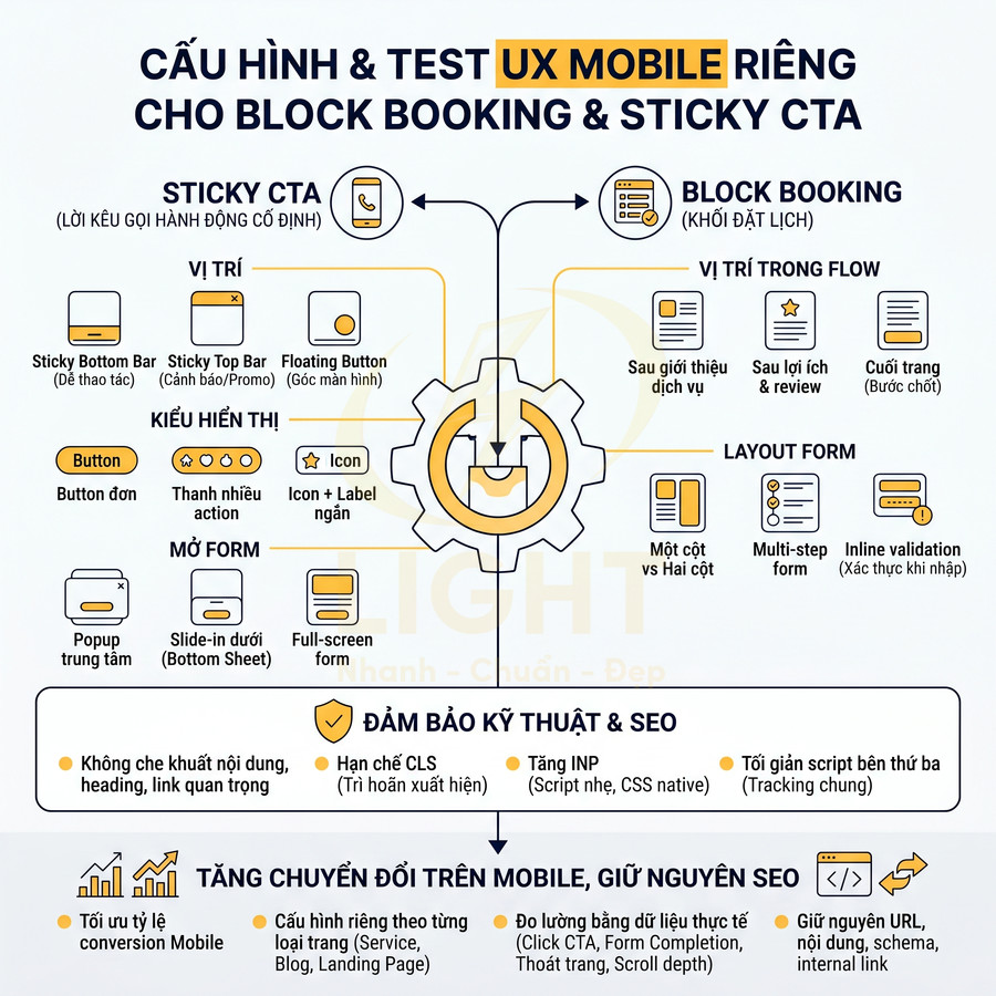 Infographic cấu hình và test UX mobile cho block booking và sticky CTA nhằm tối ưu chuyển đổi và SEO trên điện thoại