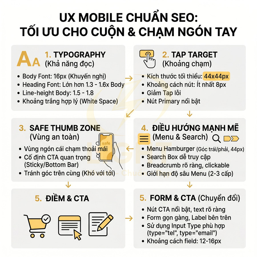 Checklist UX mobile chuẩn SEO tối ưu cuộn và chạm ngón tay với typography, tap target, safe thumb zone, điều hướng, CTA và form