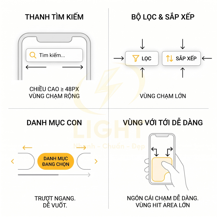 Giao diện ứng dụng di động với thanh tìm kiếm, nút lọc sắp xếp, danh mục trượt ngang và vùng chạm lớn dễ thao tác