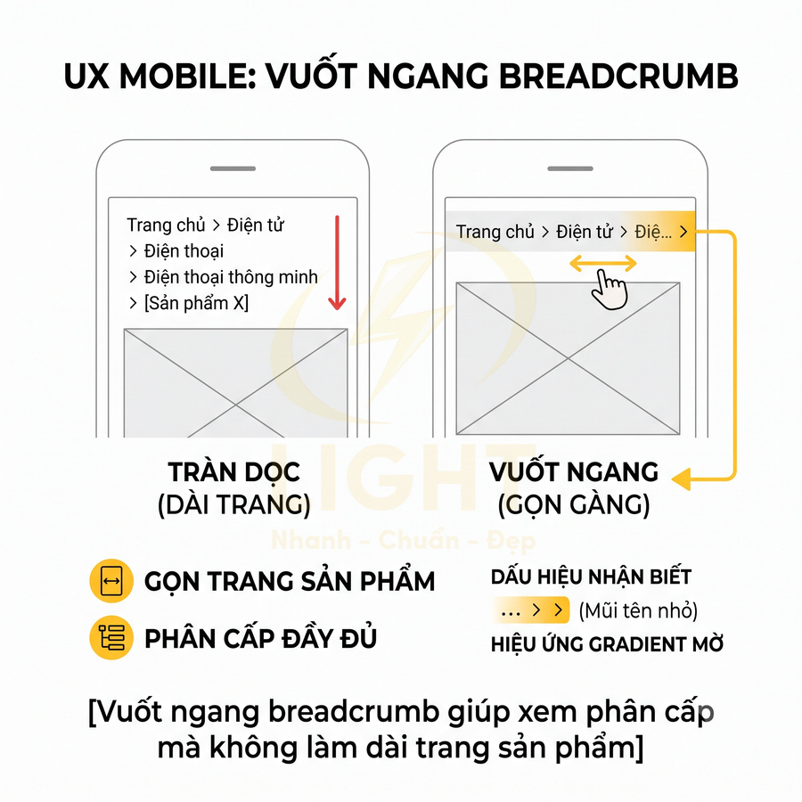 Minh họa UX mobile cho trang sản phẩm điện tử với breadcrumb vuốt ngang giúp gọn trang và giữ đầy đủ phân cấp