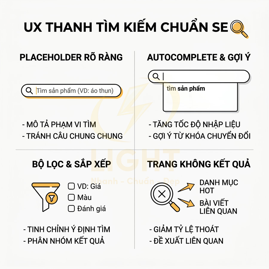 Hướng dẫn tối ưu UX thanh tìm kiếm chuẩn SEO với placeholder rõ ràng, autocomplete, bộ lọc và trang không có kết quả