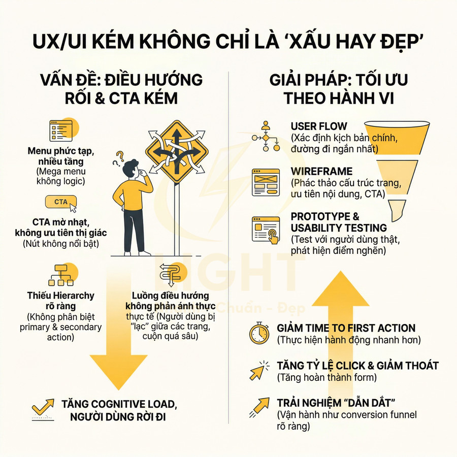 Infographic so sánh UX UI kém và giải pháp tối ưu theo hành vi với các bước user flow wireframe prototype testing
