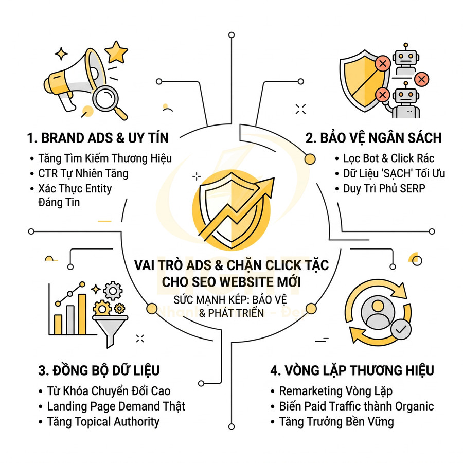 Vai trò quảng cáo và chặn click tặc cho SEO website mới với 4 lợi ích chính minh họa bằng icon
