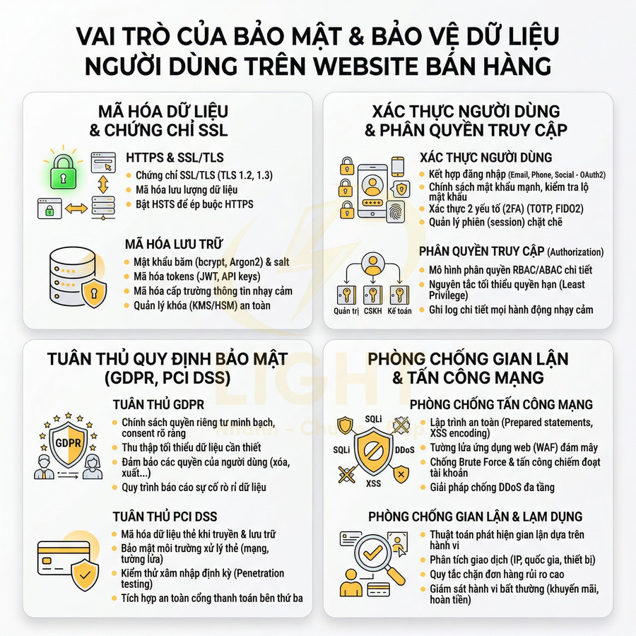Infographic vai trò bảo mật và bảo vệ dữ liệu người dùng trên website bán hàng với các giải pháp và biểu tượng minh họa