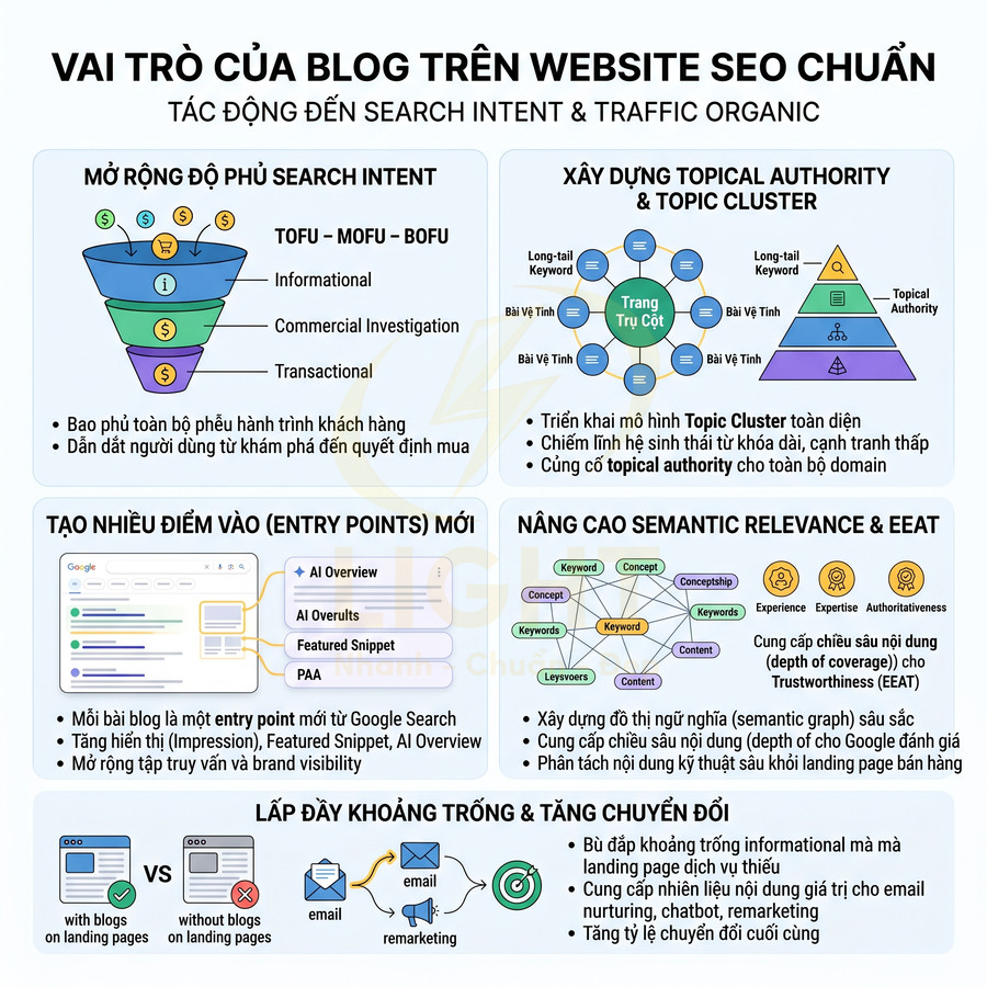 Vai trò của blog trên website SEO chuẩn trong mở rộng search intent, topical authority và tăng chuyển đổi traffic organic