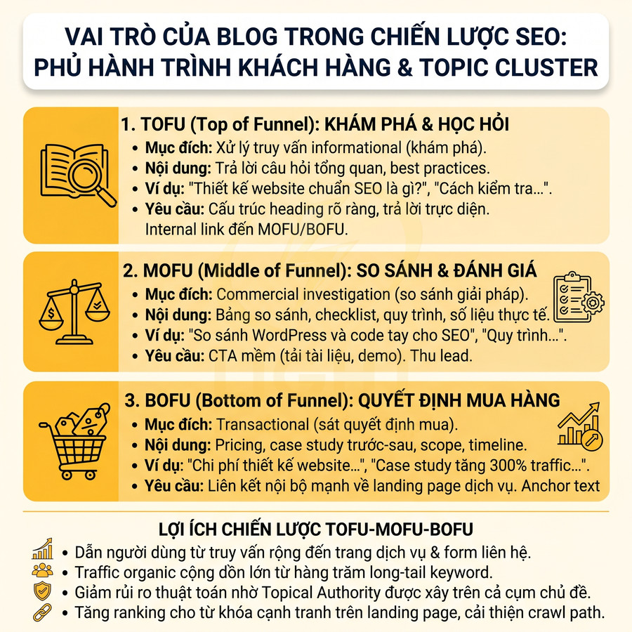 Infographic vai trò blog trong chiến lược SEO với mô hình TOFU MOFU BOFU và lợi ích cho hành trình khách hàng