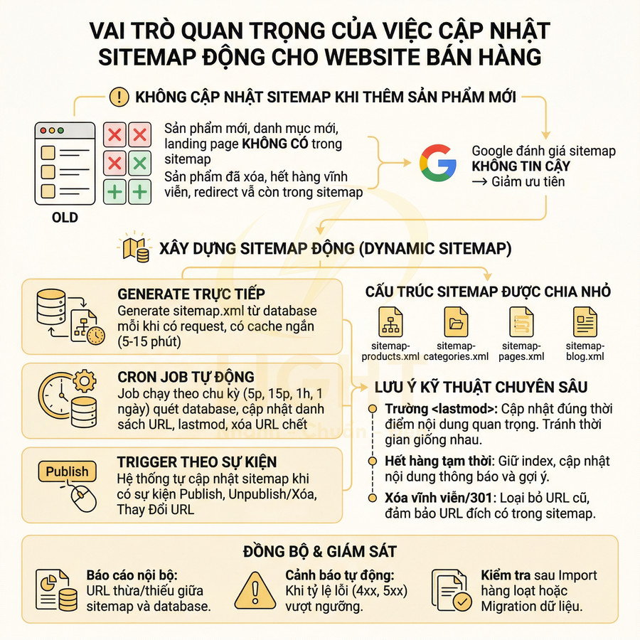 Infographic vai trò cập nhật sitemap động cho website bán hàng với quy trình generate, cron job, chia nhỏ sitemap và giám sát lỗi
