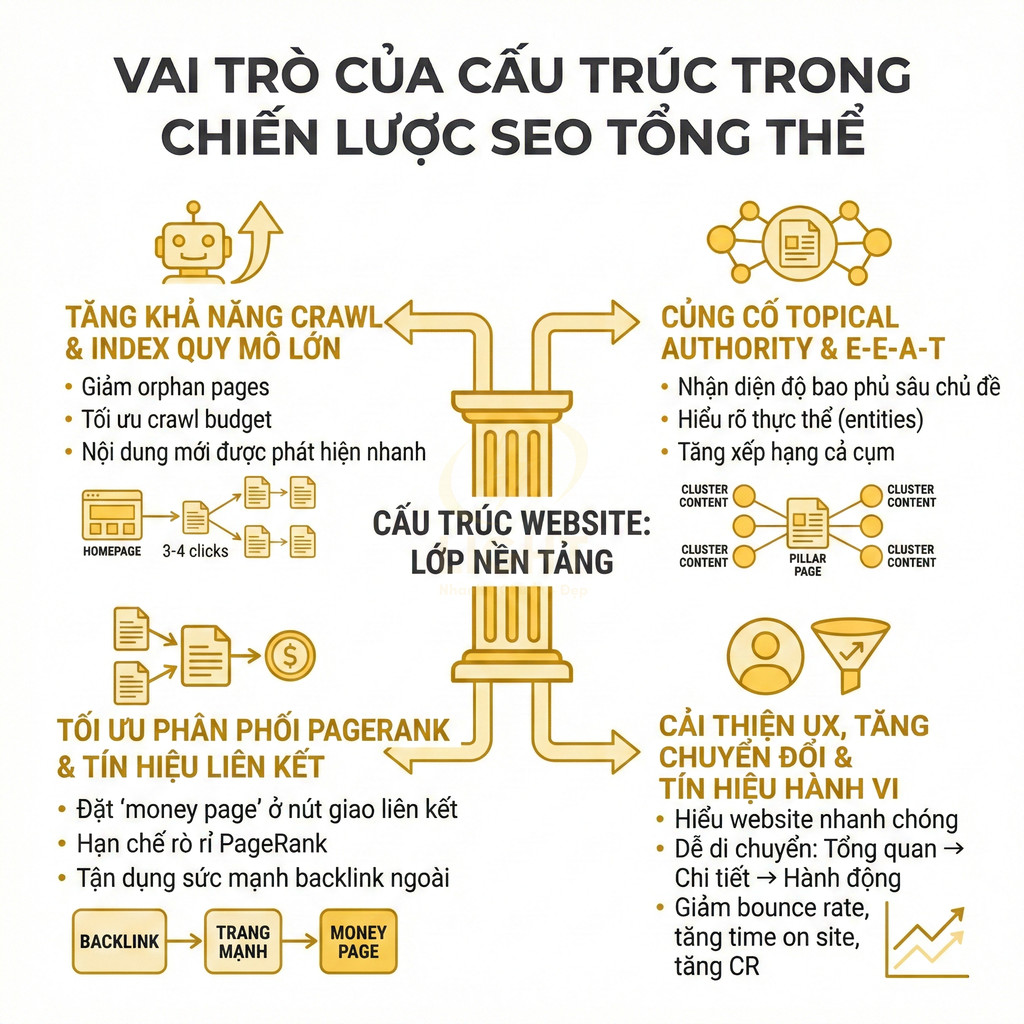 Infographic vai trò cấu trúc website trong chiến lược SEO tổng thể với các lợi ích và sơ đồ minh họa