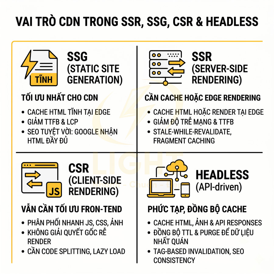 Vai trò CDN trong SSR, SSG, CSR và Headless, so sánh ưu nhược điểm và cách tối ưu cache cho từng mô hình