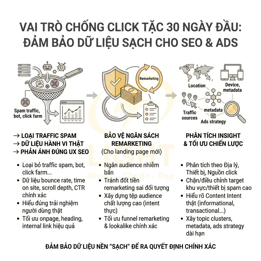 Vai trò chống click tặc 30 ngày đầu giúp lọc traffic spam, bảo vệ ngân sách remarketing và tối ưu chiến lược SEO Ads