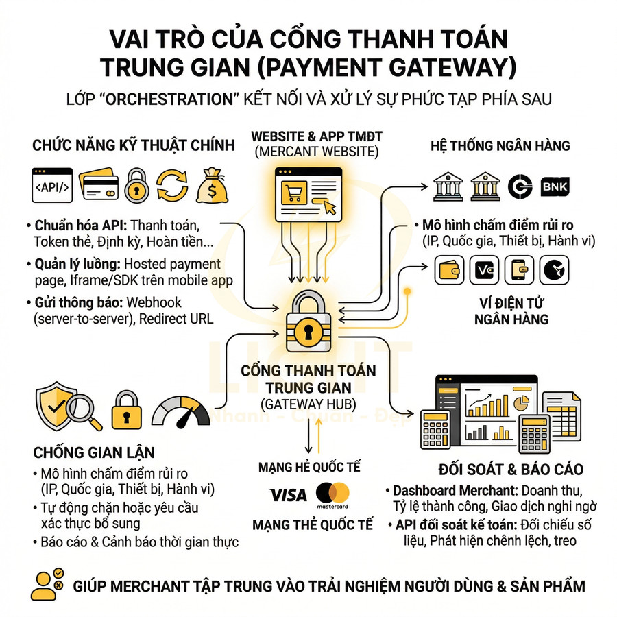 Infographic mô tả vai trò và chức năng của cổng thanh toán trung gian trong thương mại điện tử