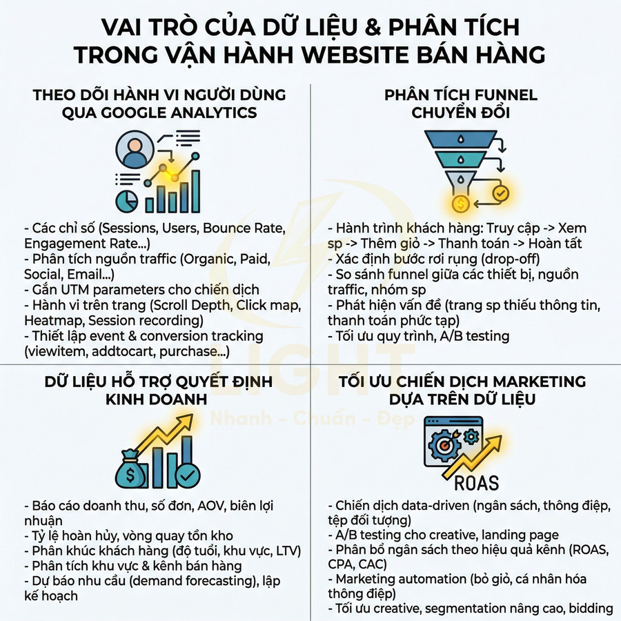 Vai trò của dữ liệu và phân tích trong vận hành website bán hàng, theo dõi hành vi, tối ưu funnel và chiến dịch marketing