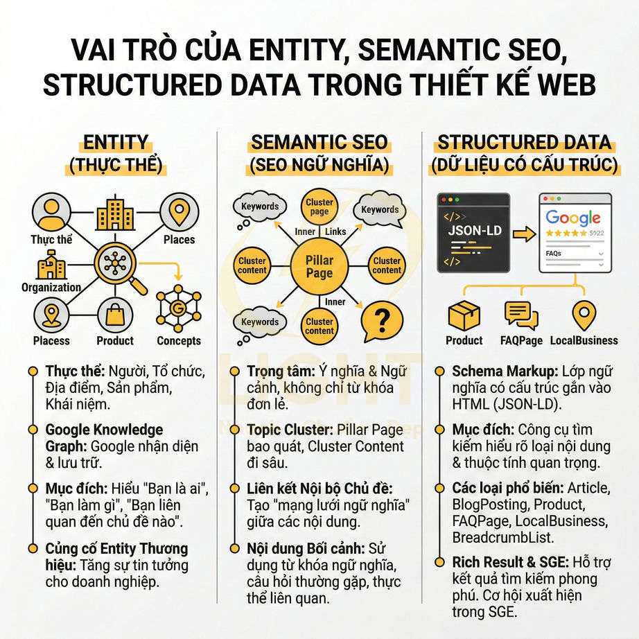 Vai trò của entity semantic SEO và structured data trong thiết kế web minh họa bằng sơ đồ và icon trực quan