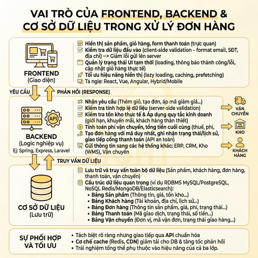 Sơ đồ vai trò frontend backend và cơ sở dữ liệu trong xử lý đơn hàng thương mại điện tử