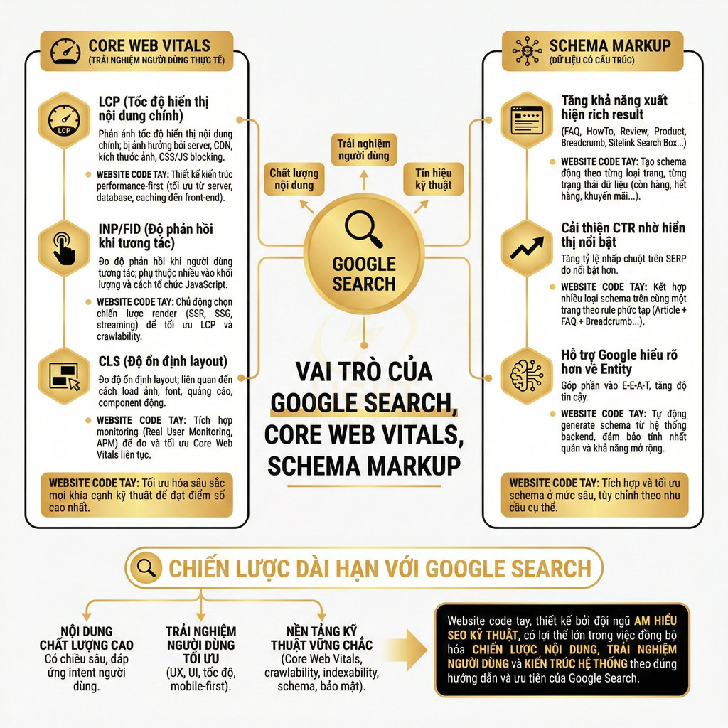 Infographic vai trò của Google Search, Core Web Vitals và Schema Markup trong chiến lược SEO dài hạn